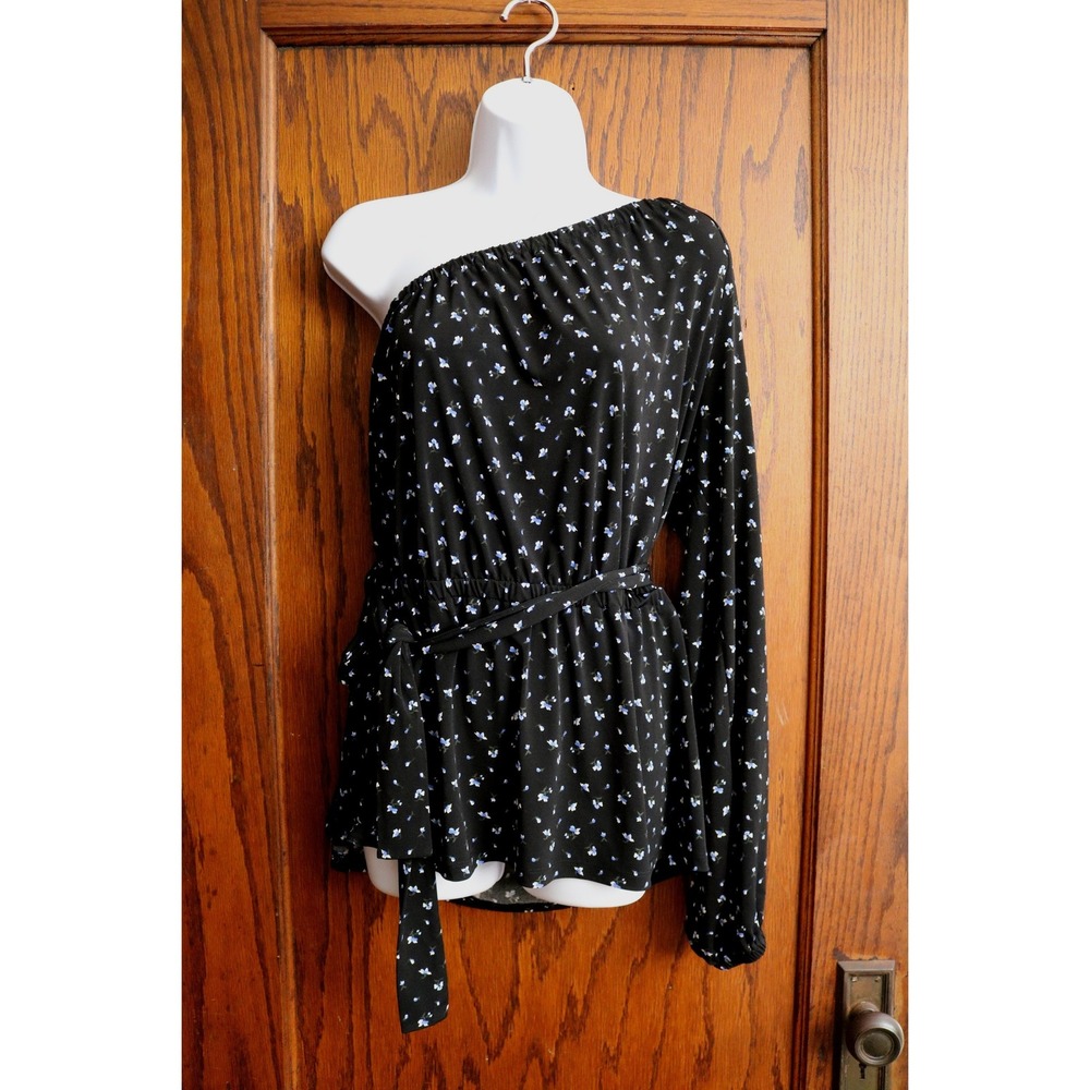 MICHAEL KORS Shirt Top Women XL Floral One Shoulder Black Blue Belt Asym Blouse
